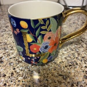 Anthropologie Elegant Floral Mug with Gold Handle “L”